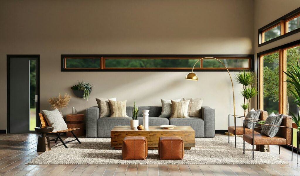 Remodeled living room with fireplace and large windows